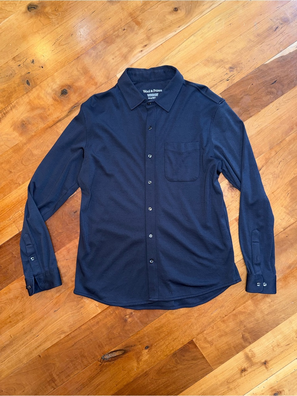Wool & Prince Navy Long-Sleeve Knit Button Down Shirt - Merino Wool Blend - L